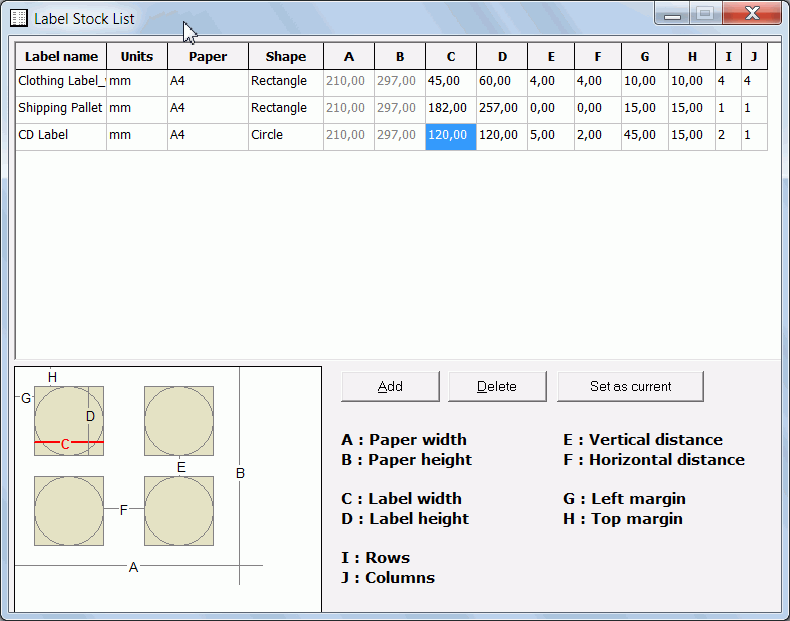 label layouts stock list