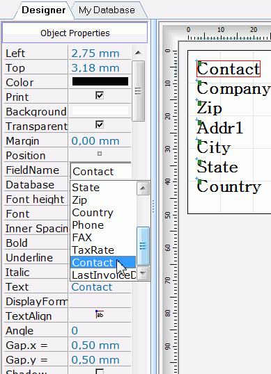 label object database fieldname