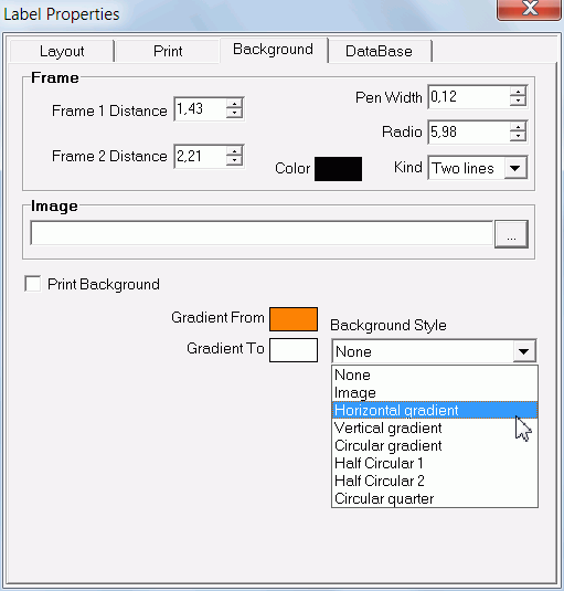 Label background properties tab