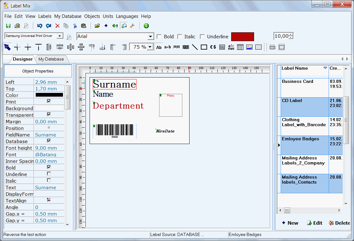screenshot: creating Employee ID cards/badges from database