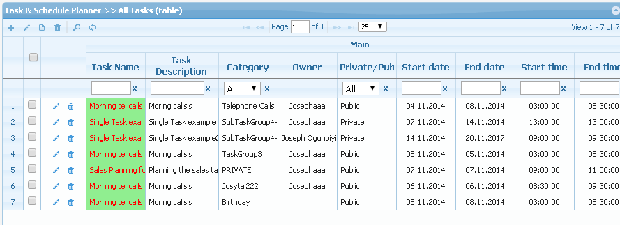 tasks planner table listview
