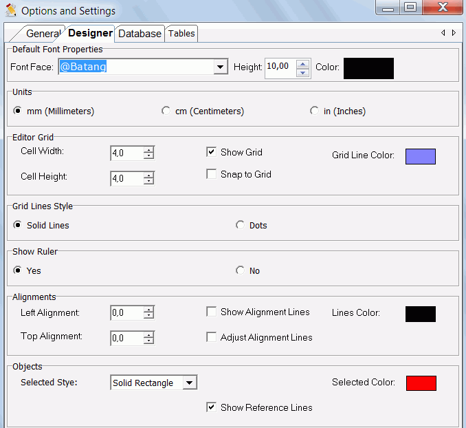 Options and Preference settings for Label Designer
